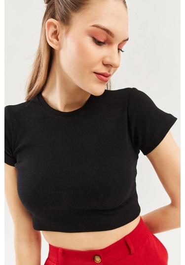 Kadın Kısa Kol Bisiklet Yaka Vücuda Oturan %100 Pamuklu Kaşkorse Esnek Crop Bluz Siyah