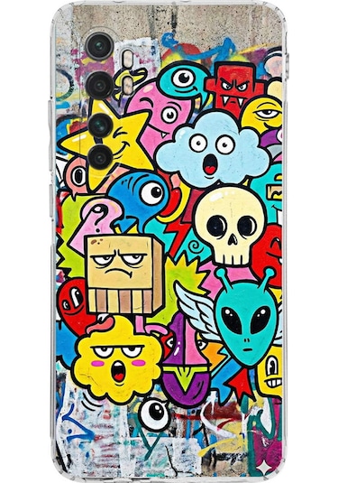 Xiaomi Mi Note 10 Lite İle Uyumlu Grafiti Doodle Tasarımlı Şeffaf Silikon Kılıf Şeffaf