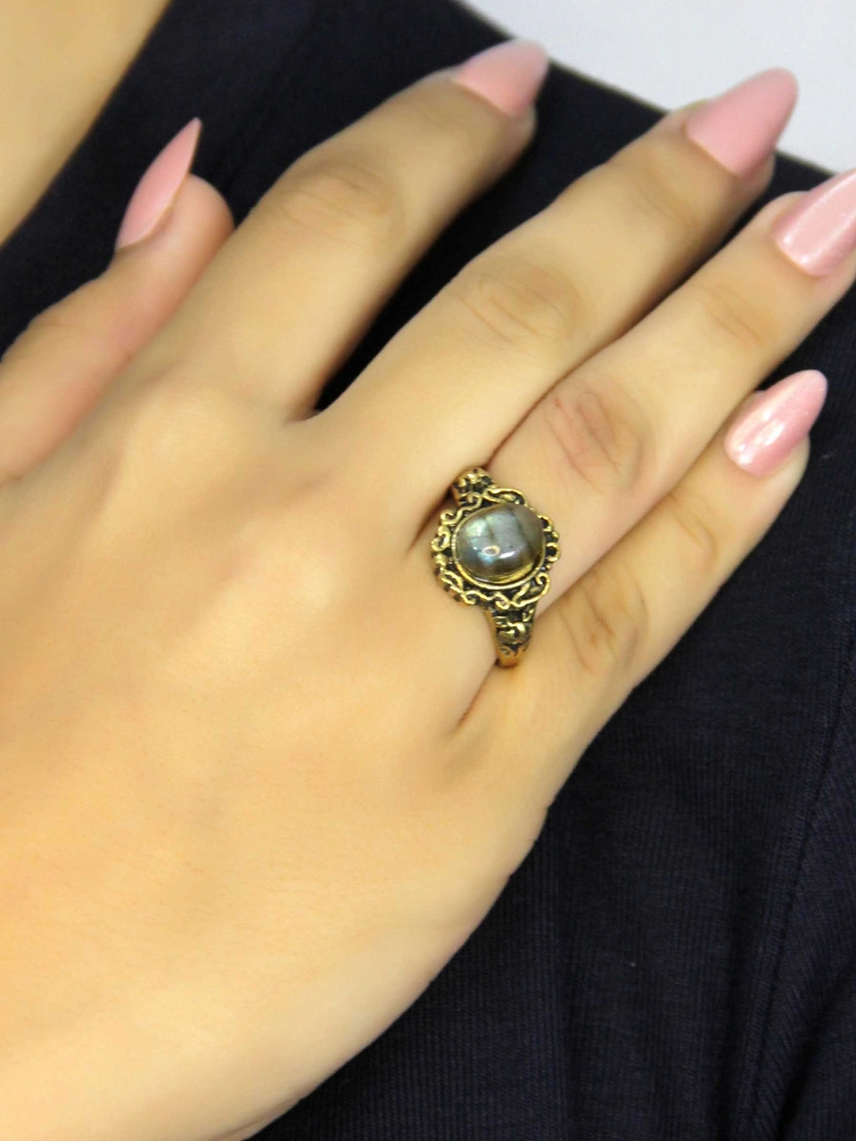 Doğal Taş Labradorit Doğal Taşlı Antik Model Kadın Ayarlanabillir Yüzük Euy80lbt Gri
