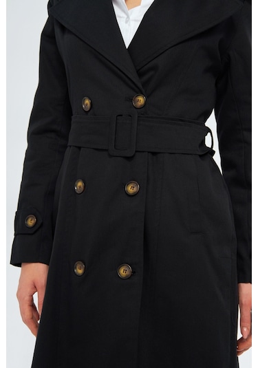 %100 Pamuk Ekstra Uzun 120cm Kruvaze Kadın Trençkot 1121 Siyah