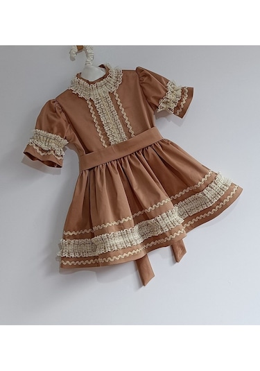 Kız Bebek Kahverengi Vintage Fistolu Elbise Karamel