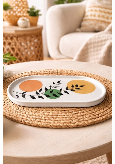Modern Bohem Tarz Dekoratif Oval Tabak - El Yapımı Botanik Desenli Ev Dekoru 9,5 X 19 Cm
