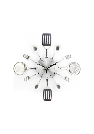 Homyl 3d Duvar Saati Mutfak Paslanmaz Çelik Çatal Bıçak Simli Simli