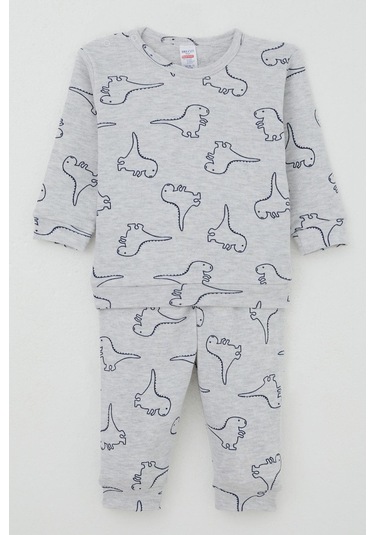 Breeze Erkek Bebek Pijama Takımı Omuzdan Patlı Sevimli Dinozor Desenli 4 Ay-1 Yaş, Açık Gri Melanj Açık Gri Melanj