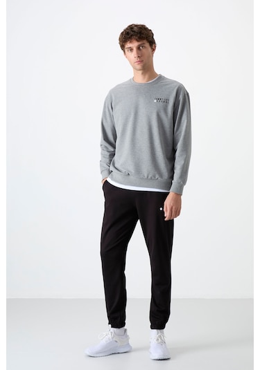 Tommy Life Gri Melanj - Siyah Casual O Yaka Lastik Paça Pamuklu Erkek Oversize Eşofman Takımı - 85120 Gri - Siyah