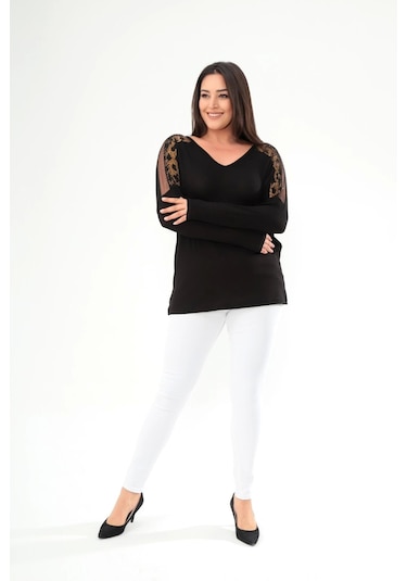 Omuz Tül Detaylı Taş Baskılı Bluz Siyah - Altın