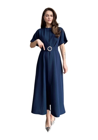 Bisiklet Yaka Pileli Yarasal Kol Kemerli Önden Yırtmaçlı Midi Boy Elbise Lacivert