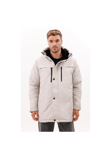 Erkek Polarlı Kürklü Su Ve Rüzgar Geçirmez Kapüşonlu Kışlık Mont & Kaban & Parka - Elyaflamalı Taş