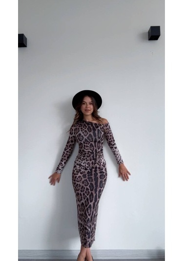 Modadua Tek Omuz Leopar Desenli Midi Elbise Çok Renkli