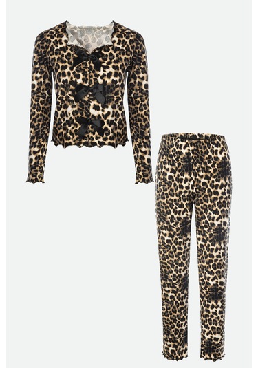 Kadın Pamuklu Çıtır Çiçek Desenli Baby Overloklu Fiyonk Detaylı Uzun Kollu Pijama Takımı Ko70142 Siyah