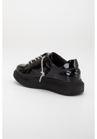 Taş Bağcıklı Detaylı Siyah Rugan Kadın Spor Ayakkabı-2848 Siyah-Rugan Siyah