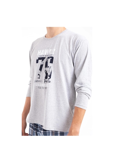 Tampap Erkek Büyük Beden Baskılı Pijama Takımı Uzun Kollu 2170-B Gri