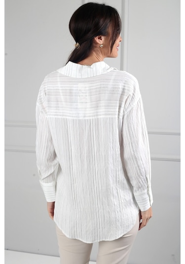 By Saygı Kadın Kraş Cotton Tek Cepli Çizgili Gömlek Yeşil