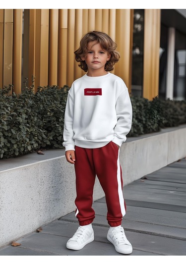 Baskılı Tek Çizgili Eşofman Takım Kırmızı