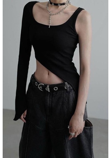 Siyah Kare Yaka Tek Gotik Y2k Kollu Crop-18346 Siyah