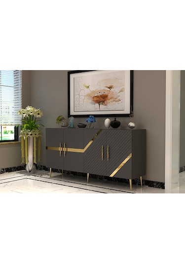 Pınar Konsol Tv Sehpası Çok Amaçlı Dolap 150 Cm Antrasit Altın