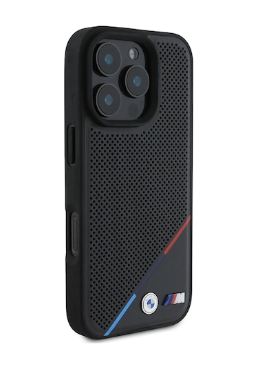 İphone Uyumlu 16 Pro Max Kılıf Bmw Lisanslı Magsafe Şarj Özellikli M Logolu Üç Çizgili Delikli Deri Siyah