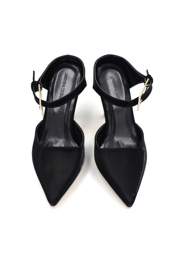 Beyaz London Burnu Kapalı Toka Detaylı Topuklu Kadın Ayakkabı Siyah Siyah