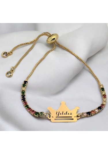 Yıldız İsmine Özel Taç Motifli 14 Ayar Altın Plakalı Renkli Taş Desenli Hediye Bileklik-489isim Yıldız
