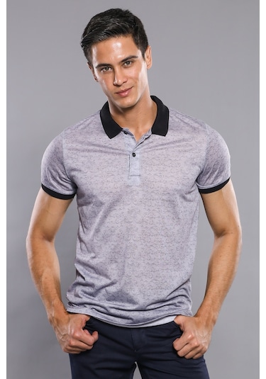 Çiçek Desenli Polo Yaka Gri T-shirt Wessi Gri