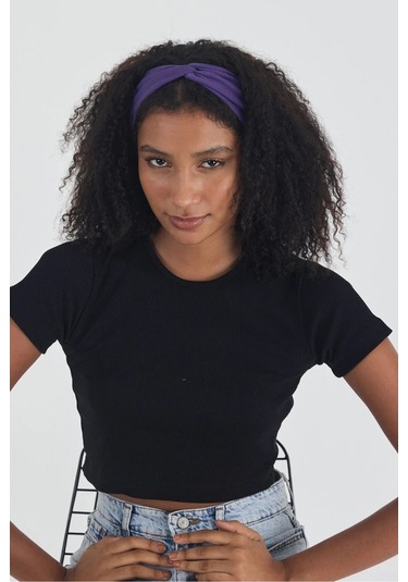 Siyah Kısa Kol Bisiklet Yaka Vücuda Oturan Kaşkorse Crop + Bandana Set %100 Pamumklu, Esnek Rahat Siyah-mor