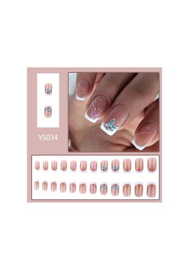 Kısa Parlak Fransız Düzensiz Takma Tırnak Çizgileri Mavi Ve Mor Kelebek Takma Tırnak 24 Parça Set Dahil Aletler Ys034