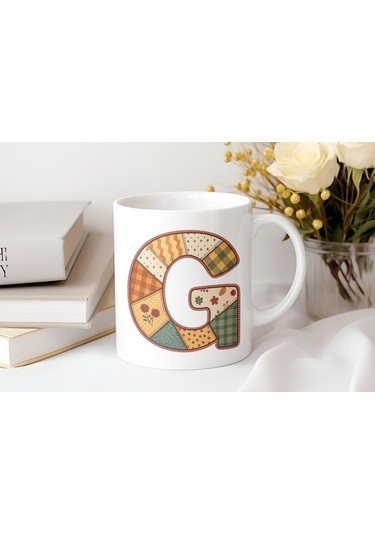 G Harfi Sonbahar Kış Temalı Yamalı Tasarım Kupa Bardak - Etnik Ve Pathwork Severlere Özel Hediye Beyaz