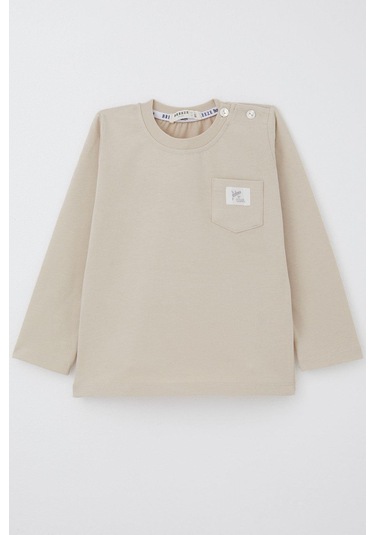 Breeze Erkek Bebek Uzun Kollu Tişört Cep Detaylı Cool Yazı Armalı 9 Ay-3 Yaş, Bej Bej