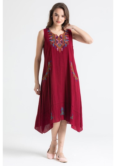 Kolsuz Şile Bezi Antik Nakışlı Midi Boy Elbise Bordo Brd-bordo Bordo