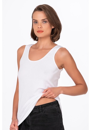 Kadın Pamuklu Ribana Esnek Biyeli Kalın Askılı Örme Atlet Beyaz K0111-beyaz