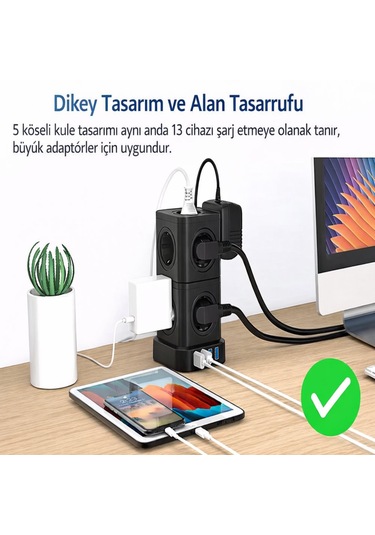 Kule Tipi Çoklu Priz 3680w 9 Lu Topraklı Priz + 2 Usb + 2 Type-c Masaüstü Dikey Akım Korumalı Priz 2 m