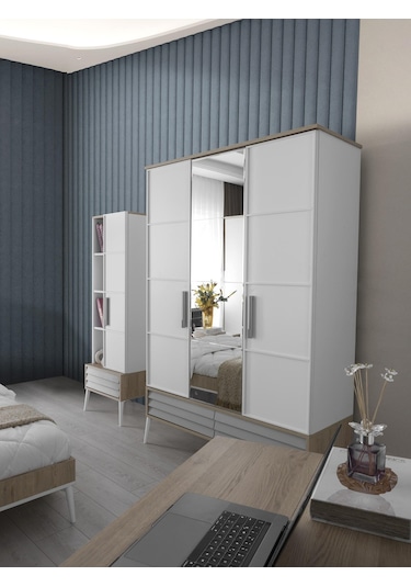 Asil Modern 3 Kapaklı Çekmeceli Elbise Dolabı Gardrop 137cm