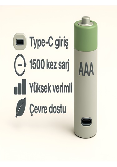 Type-c Şarjlı 800mwh 1.5v Şarj Edilebilir 2'li Aaa İnce Pil - Lityum İyon Batarya