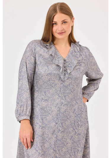 Galaxi Kadın Büyük Beden Desenli Fırfır Detaylı Elbise 4005 Mavi Mavi