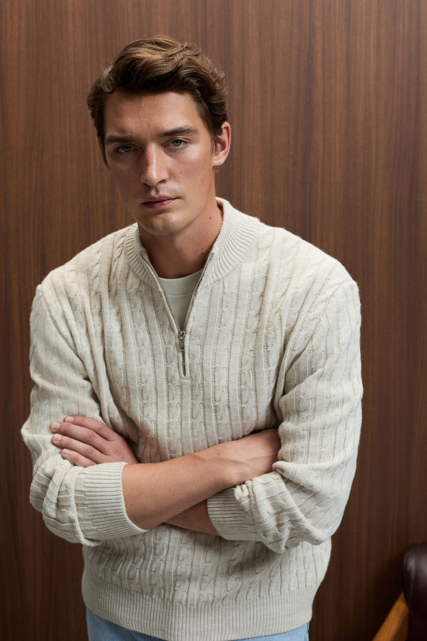 Grımelange Ivar Erkek Yarım Fermuarlı Dik Yakalı Saç Örgü Desenli Triko Taş Rengi Kazak Taş