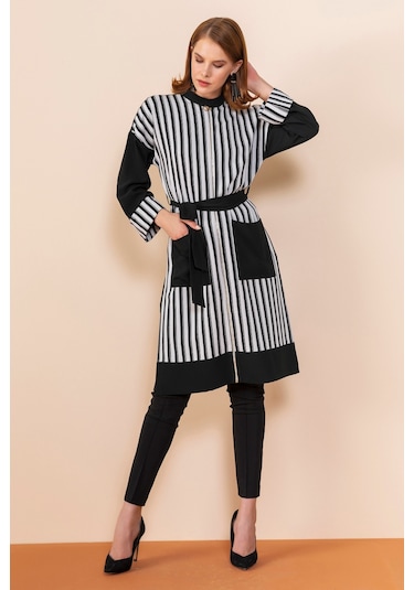 Serpil Exclusive Çizgili Modern Tunik Şık Ve Zarif Tasarım Siyah-ekru