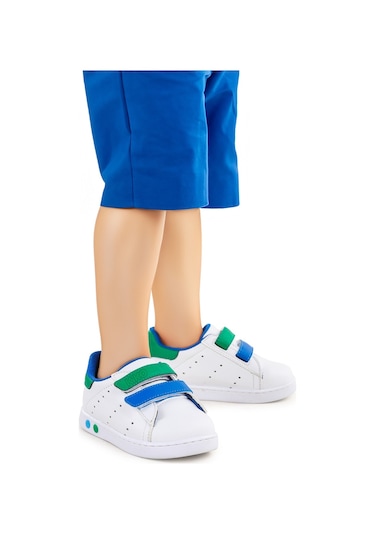 Kiko Kids Royzo Cırtlı Işıklı Erkek Bebek Spor Ayakkabı Beyaz - Mavi - Yeşil Beyaz