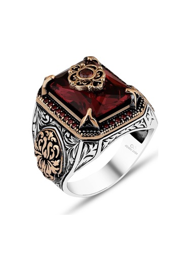 Kırmızı Taşlı Çiçek Motifli 925 Gümüş Erkek Yüzük