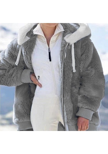 Avrupa Ve Amerika Birleşik Devletleri 2022 Sonbahar Ve Kış Sıcak Peluş Ve Fermuar Cep Kapşonlu Gevşek Ceket Kadın Ceket Koyu Gri