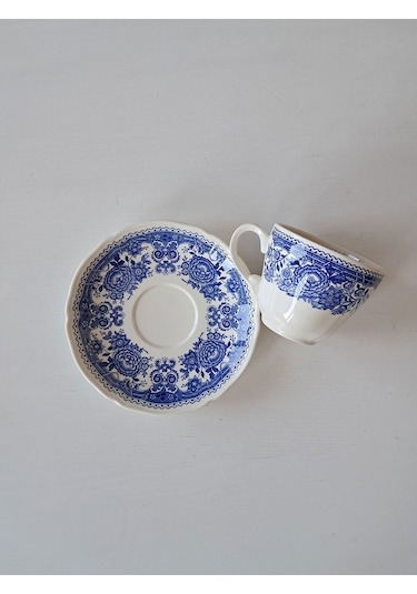 Vintage Burgenland Çiçek Desenli Antika Çay Fincanı Seti Mavi Mavi