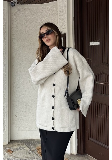 Kemik Çift Cepli Hırka - 04622 Krem