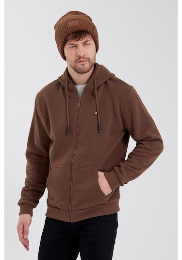 Polostate Erkek Fermuarlı Kanguru Cep 3 İplik Sweatshirt Kahverengi