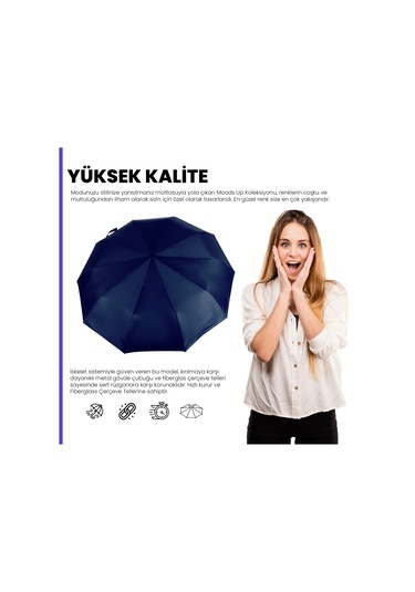 Biggdesign Moods Up Premium Ahşap Saplı Lacivert Otomatik Şemsiye, Rüzgara Dayanıklı, Hızlı Kuruyan Çok Renkli