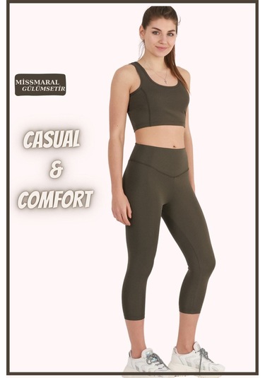 Kadın Yüksek Bel Toparlayıcı Kapri Tayt Dar Paça Karyoka Dikiş Detaylı Capri Haki 1020 Haki