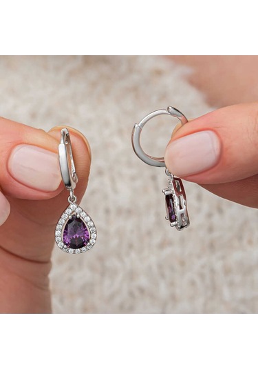 Artsmagazinmücevher Gümüş Mor Zirkon Taşlı Damla Kadın Küpe