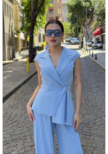 Boncuk İşleme Detaylı Asimetrik Abiye Takım 2388-mavi Mavi