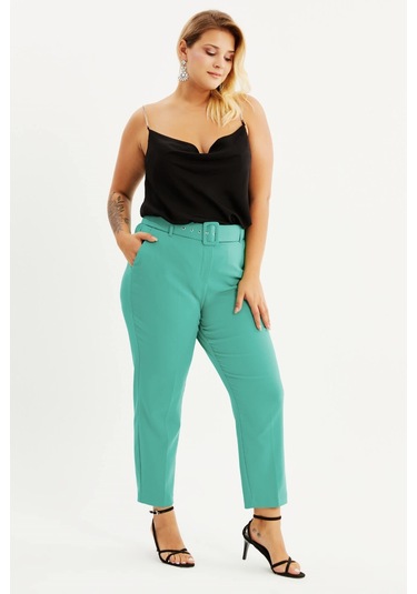 Cep Detaylı Kemerli Klasik Pantolon - Yeşil