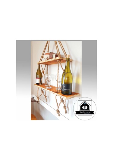 Raf - Walnut Masif Duvar Rafı - Jüt Raf - Kitaplık - Çiçeklik