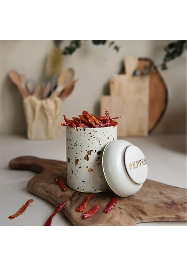 Terrazzo Cream Desenli Yuvarlak Metal Kutu, 9 X 11 Cm, 0.6 Lt