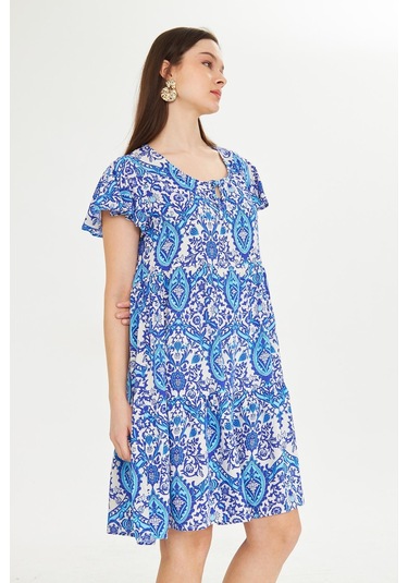 Mavi Yuvarlak Yakalı Kısa Mendil Kol Etnik Otantik Desenli Rahat Kesim A-line Kısa Elbise Mavi-beyaz